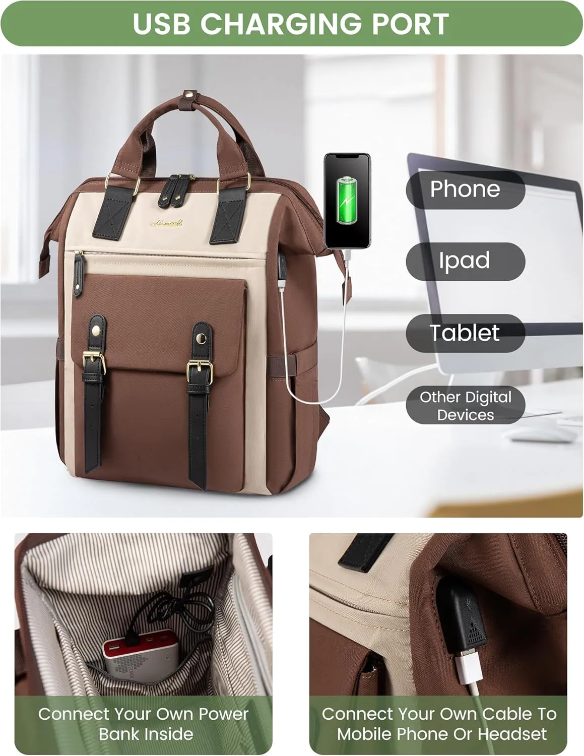 LOVEVOOK Laptop Backpack for Women Work Travel Backpack, Stylish College Backpack Purse, Business Computer Bag Commuter Teacher Doctor Nurse Bags, Casual Daypack, 15.6 Inch, Coffee-apricot-black