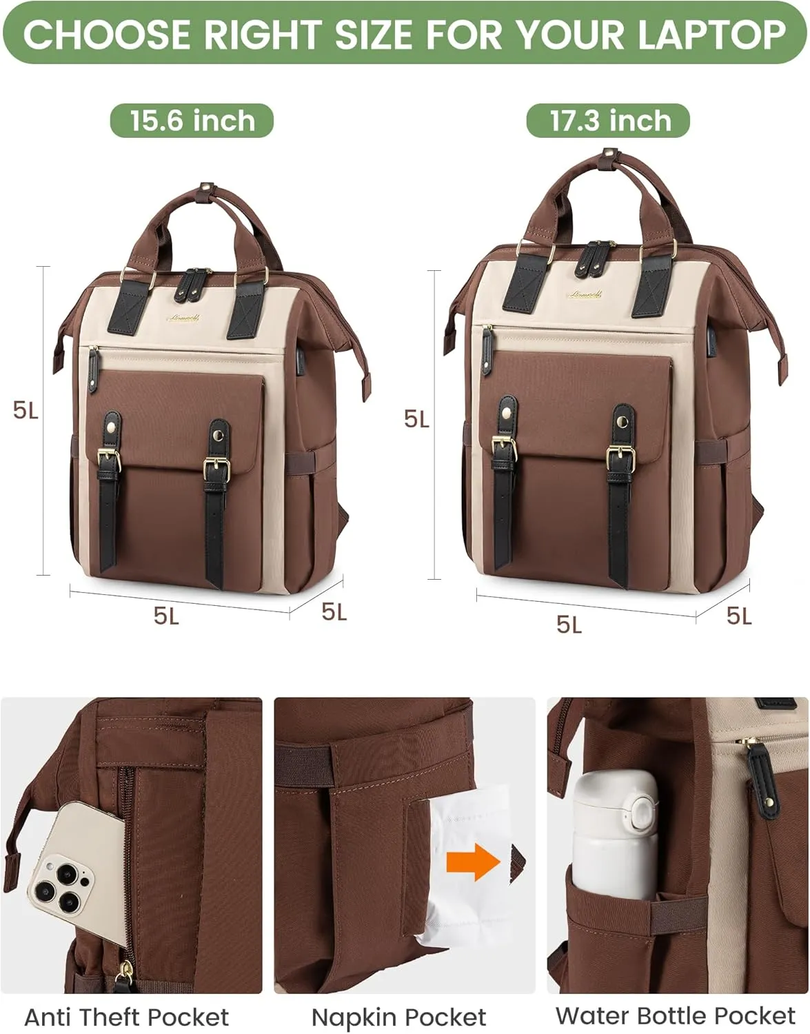 LOVEVOOK Laptop Backpack for Women Work Travel Backpack, Stylish College Backpack Purse, Business Computer Bag Commuter Teacher Doctor Nurse Bags, Casual Daypack, 15.6 Inch, Coffee-apricot-black