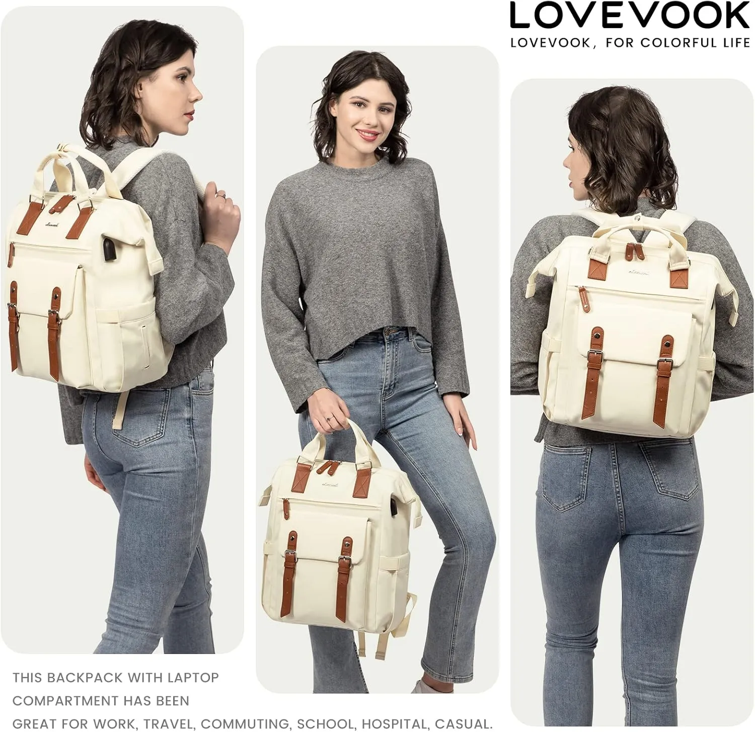 LOVEVOOK Laptop Backpack for Women Work Travel Commuter Backpack Business Computer Bag Teacher Doctor Nurse Bags College Backpack Purse, 15.6 Inch, Beige-Brown-Brown