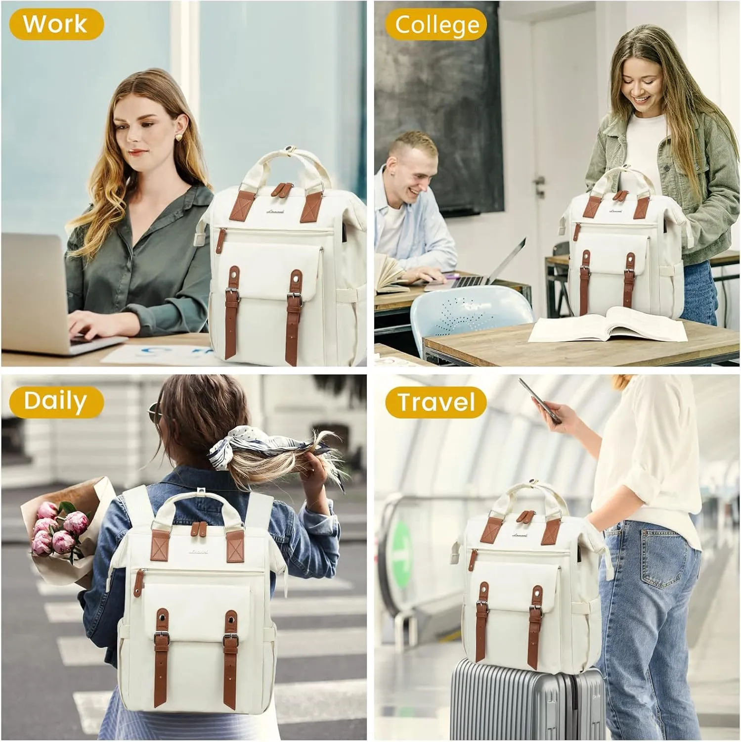 LOVEVOOK Laptop Backpack for Women Work Travel Commuter Backpack Business Computer Bag Teacher Doctor Nurse Bags College Backpack Purse, 15.6 Inch, Beige-Brown-Brown