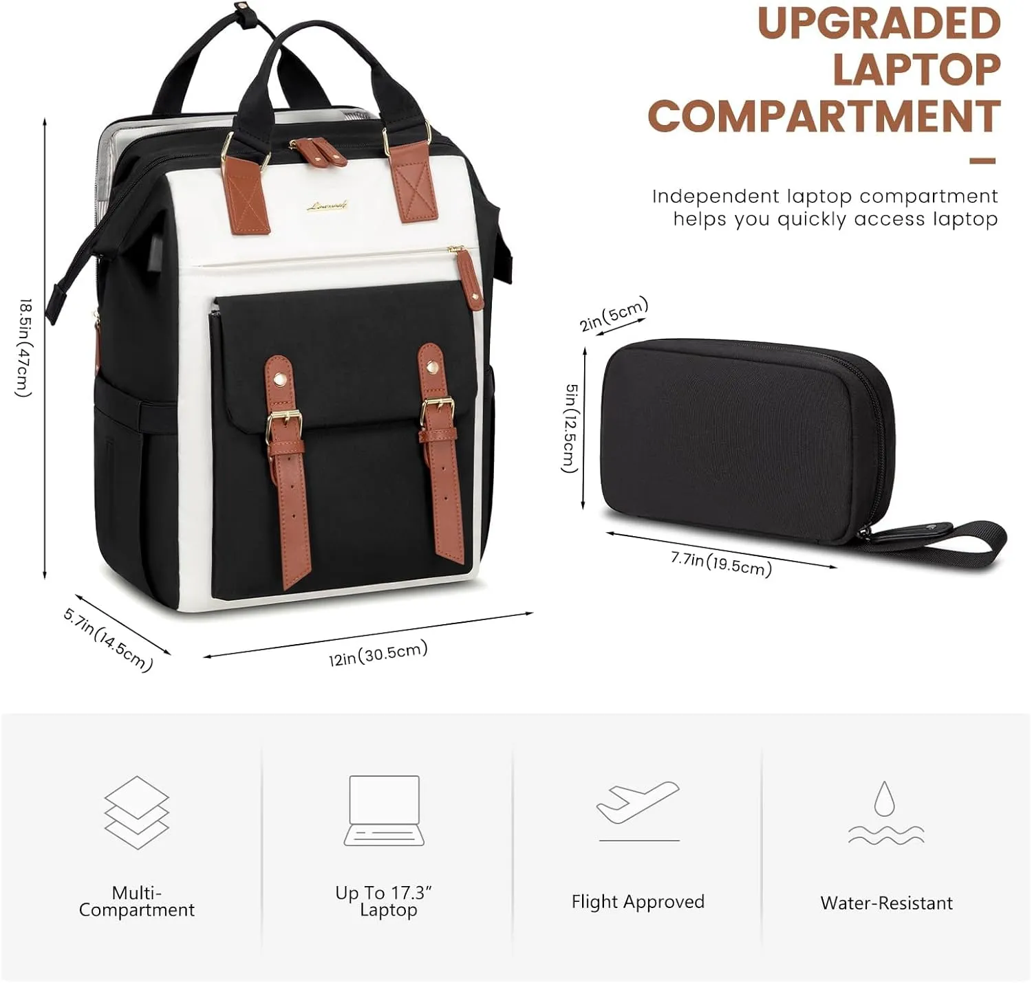 LOVEVOOK Laptop Backpack, Travel Bag with 17.3 inch Laptop Compartment, Water Resistant Teacher Nurse Doctor Work Bag, Anti-theft Daypack, Black Brown