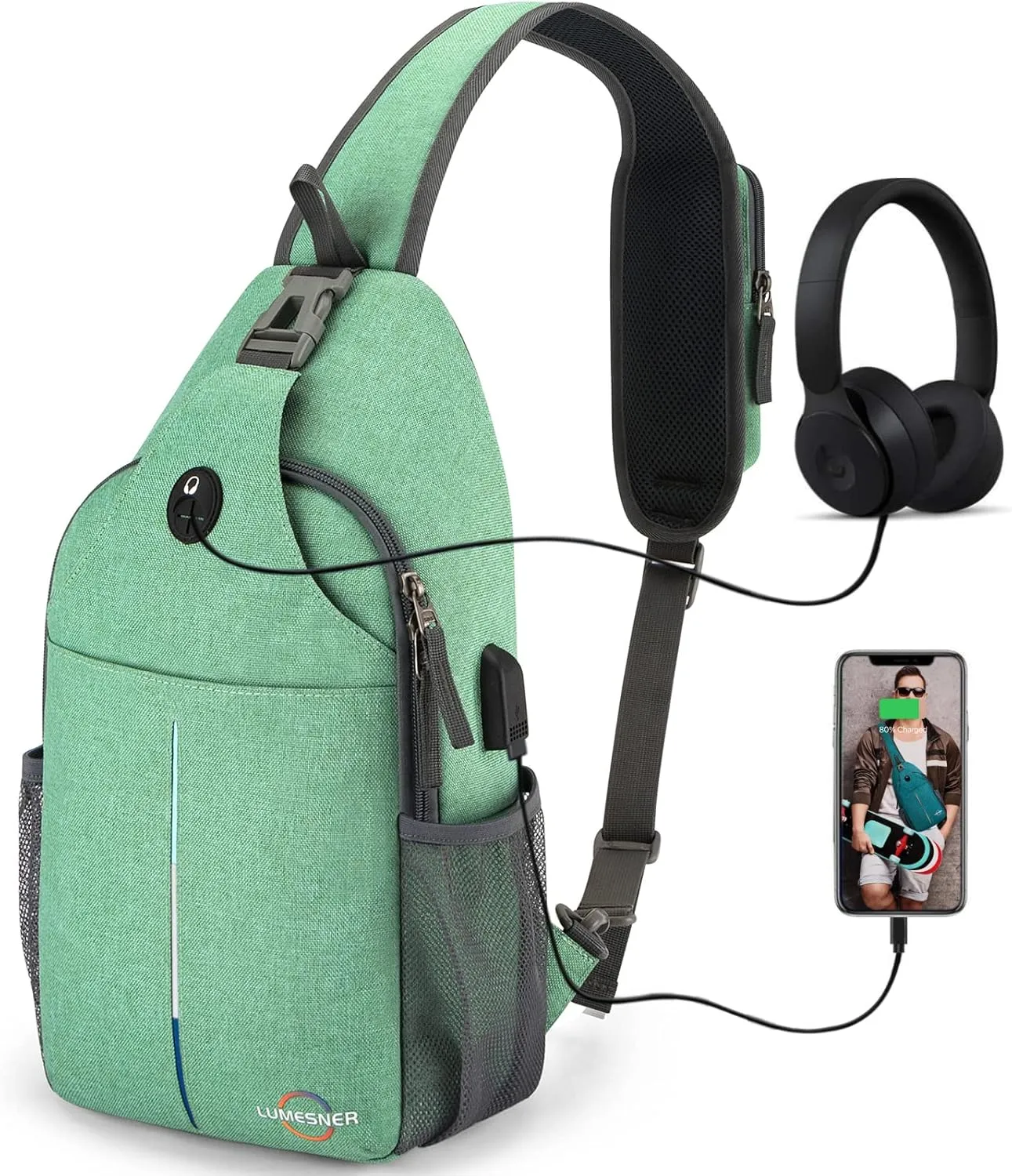 Lumesner Sling Bag Crossbody Backpack with USB Charging Port,Hiking Daypack Shoulder Bag Chest Bag for Hiking Walking Travel
