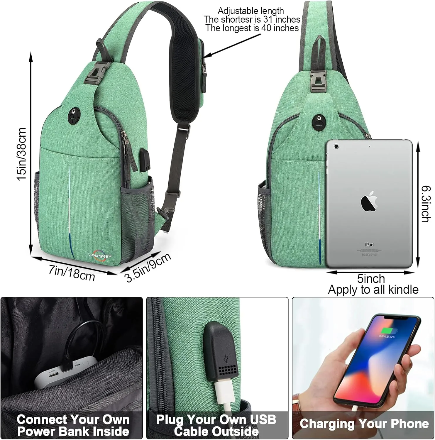 Lumesner Sling Bag Crossbody Backpack with USB Charging Port,Hiking Daypack Shoulder Bag Chest Bag for Hiking Walking Travel