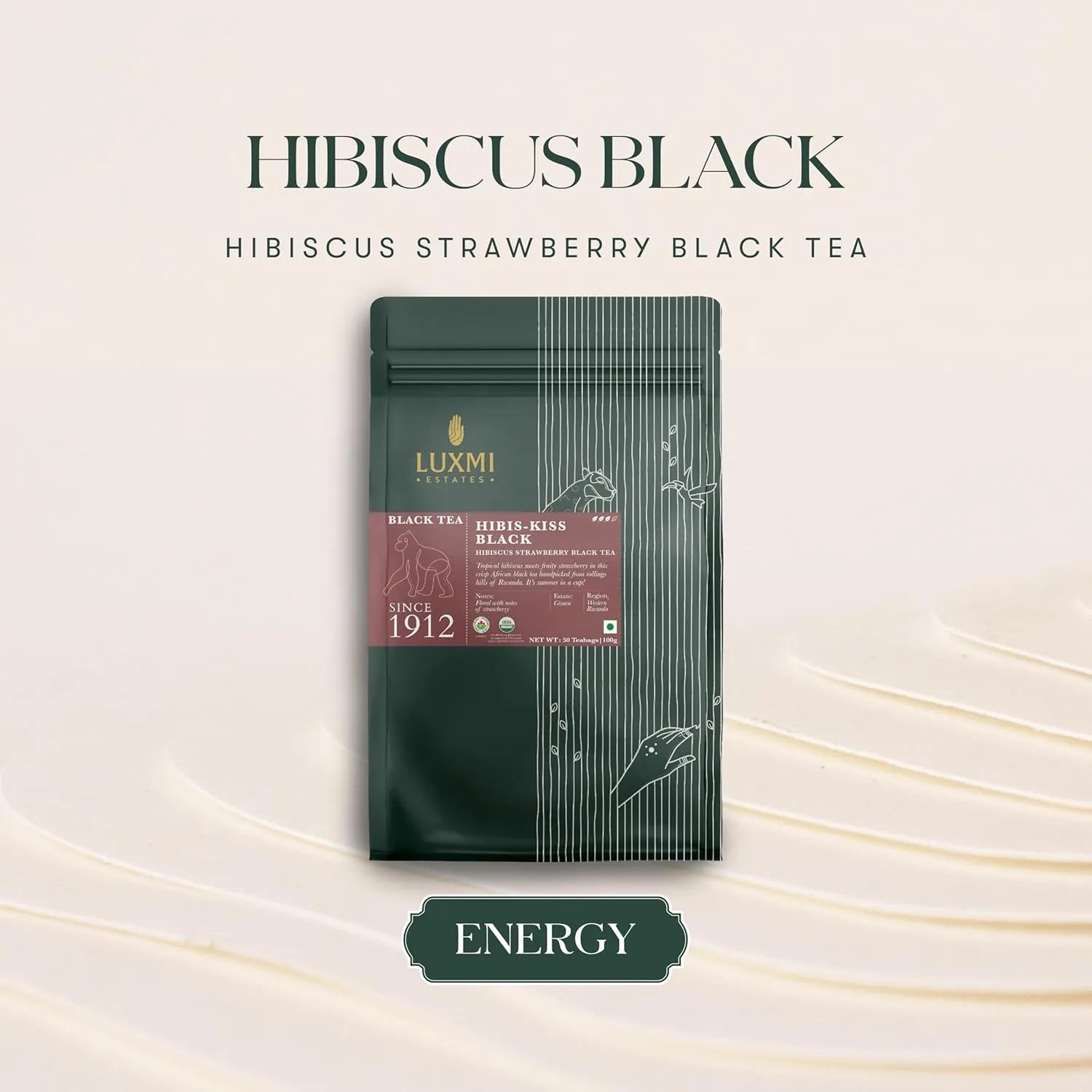 Luxmi Estates Hibis-Kiss Organic Hibiscus Tea (50 Tea Bags) Caffeinated Tea Bags For A Morning Boost and Natural Energy, With Certified Organic Black Tea