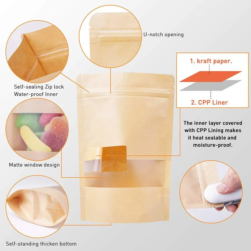 LZLPACKING Kraft Stand Up Pouches - 100 Pcs, Brown Resealable Bags with Window, Zip Lock Food Storage, Sealable Bags for Packaging (7.1x10.2)