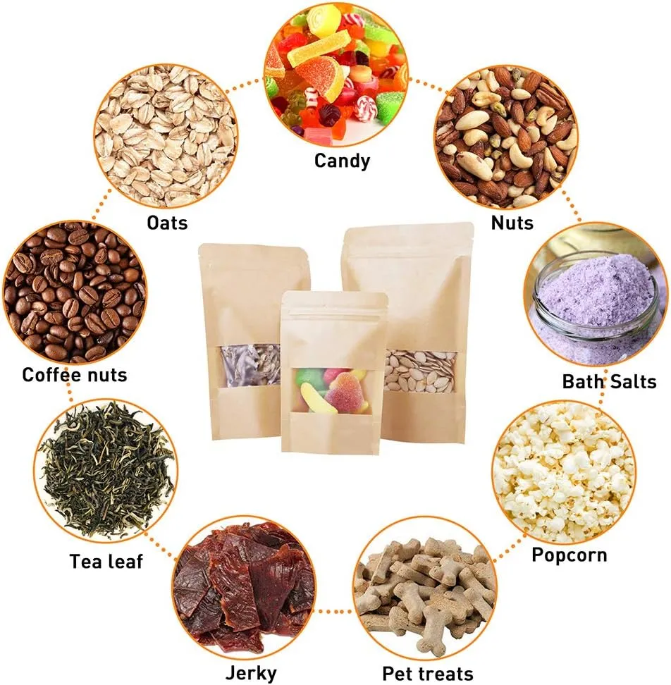 LZLPACKING Kraft Stand Up Pouches - 100 Pcs, Brown Resealable Bags with Window, Zip Lock Food Storage, Sealable Bags for Packaging (7.1x10.2)