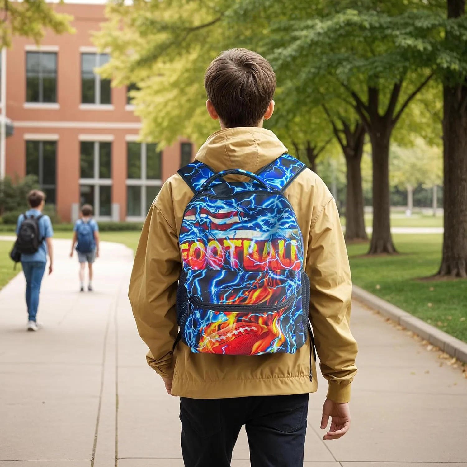 M YESCUSTOM Football Backpack School Bags, Blue Lightning Football Print Middle School Primary School Bookbags, American Flag Colorful Book Bags for Students Boys Girls Teenagers Travel