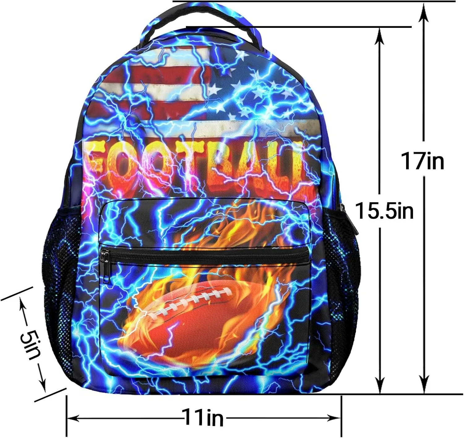 M YESCUSTOM Football Backpack School Bags, Blue Lightning Football Print Middle School Primary School Bookbags, American Flag Colorful Book Bags for Students Boys Girls Teenagers Travel