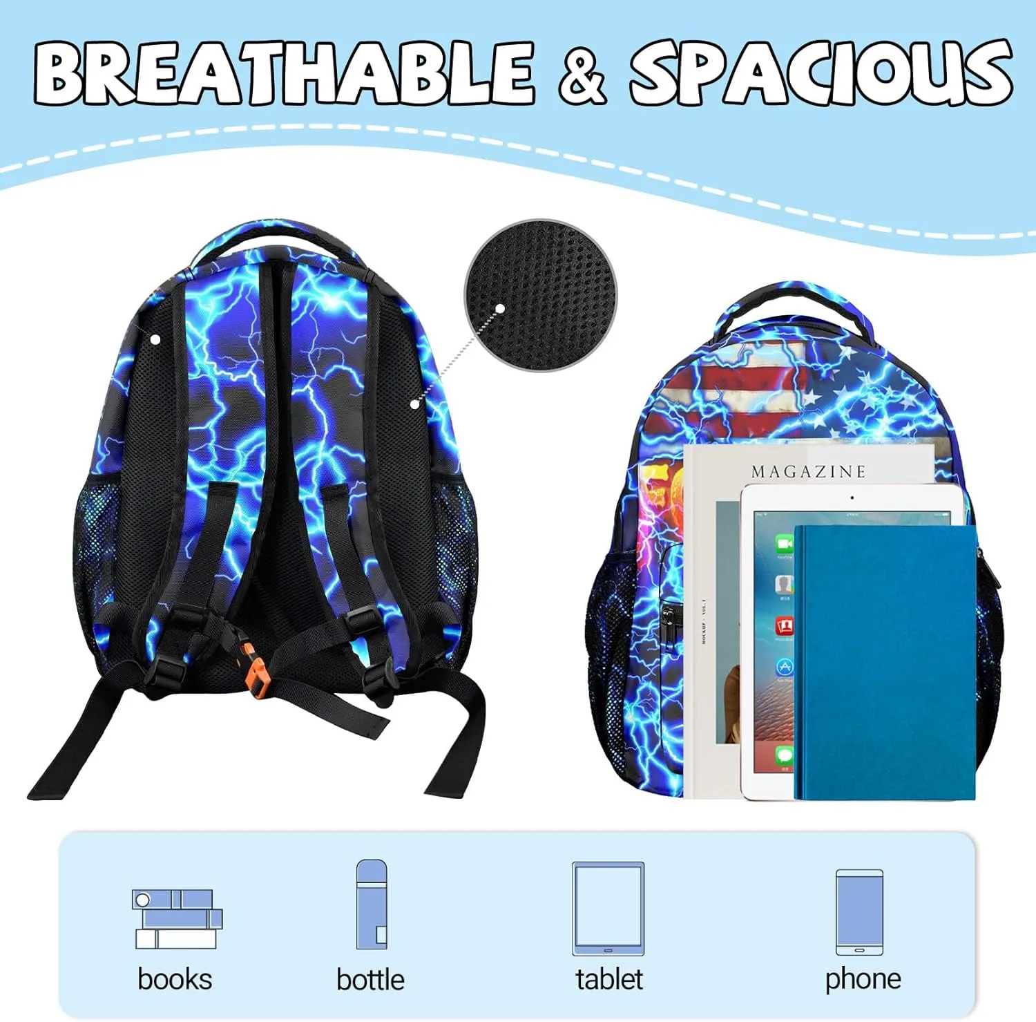 M YESCUSTOM Football Backpack School Bags, Blue Lightning Football Print Middle School Primary School Bookbags, American Flag Colorful Book Bags for Students Boys Girls Teenagers Travel