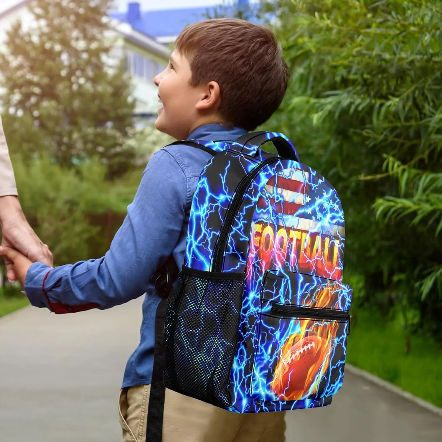 M YESCUSTOM Football Backpack School Bags, Blue Lightning Football Print Middle School Primary School Bookbags, American Flag Colorful Book Bags for Students Boys Girls Teenagers Travel