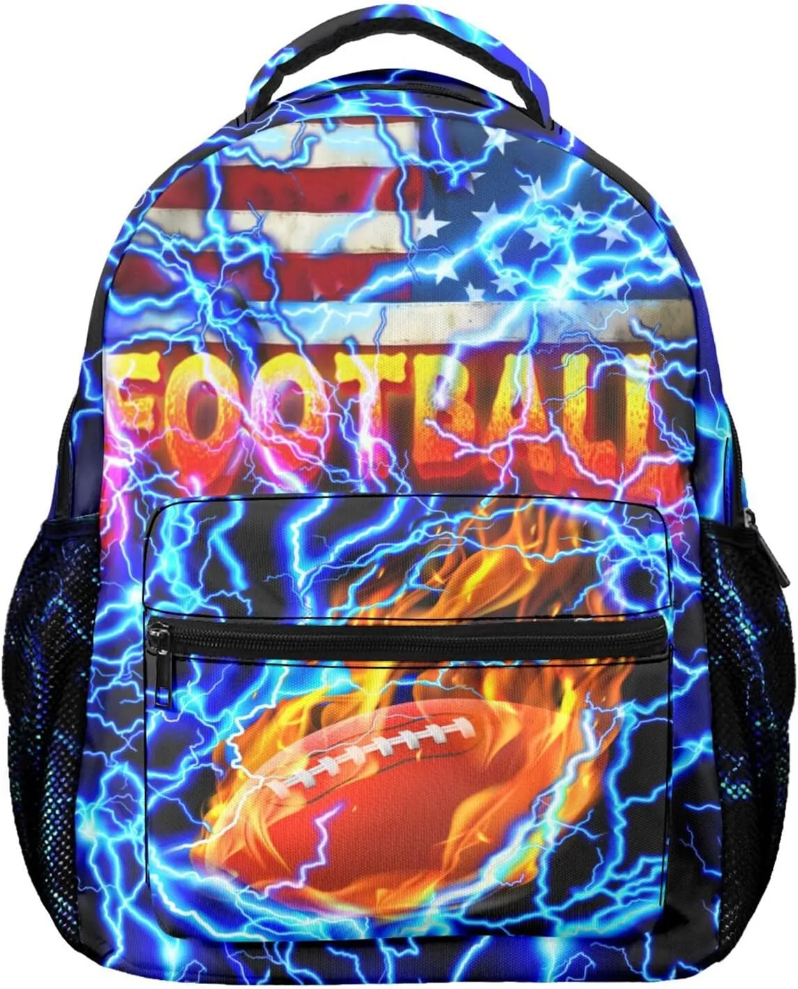 M YESCUSTOM Football Backpack School Bags, Blue Lightning Football Print Middle School Primary School Bookbags, American Flag Colorful Book Bags for Students Boys Girls Teenagers Travel