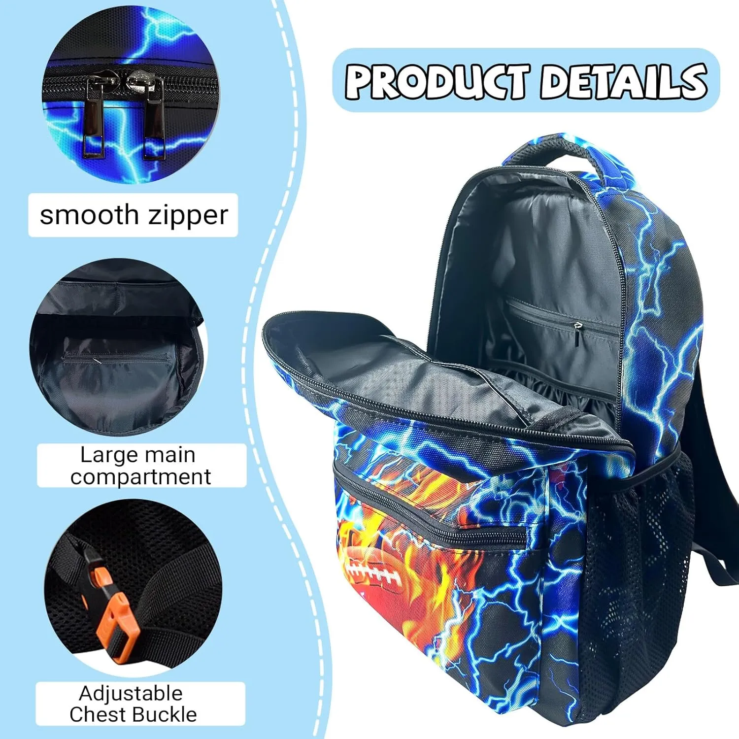 M YESCUSTOM Football Backpack School Bags, Blue Lightning Football Print Middle School Primary School Bookbags, American Flag Colorful Book Bags for Students Boys Girls Teenagers Travel
