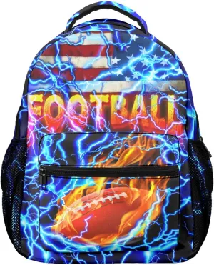 M YESCUSTOM Football Backpack School Bags, Blue Lightning Football Print Middle School Primary School Bookbags, American Flag Colorful Book Bags for Students Boys Girls Teenagers Travel