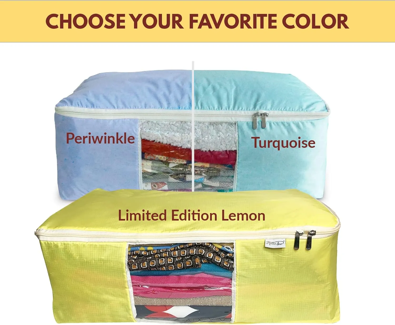 Madam Sew Quilt Blanket Storage Bag|Blanket Organizer|Comforter Storage for Clothes, Quilts, Bedding|Linen Bag Storage with Visible Front Panel, Strong Handles & 2-Way Zipper - Turquoise 22x15x8"