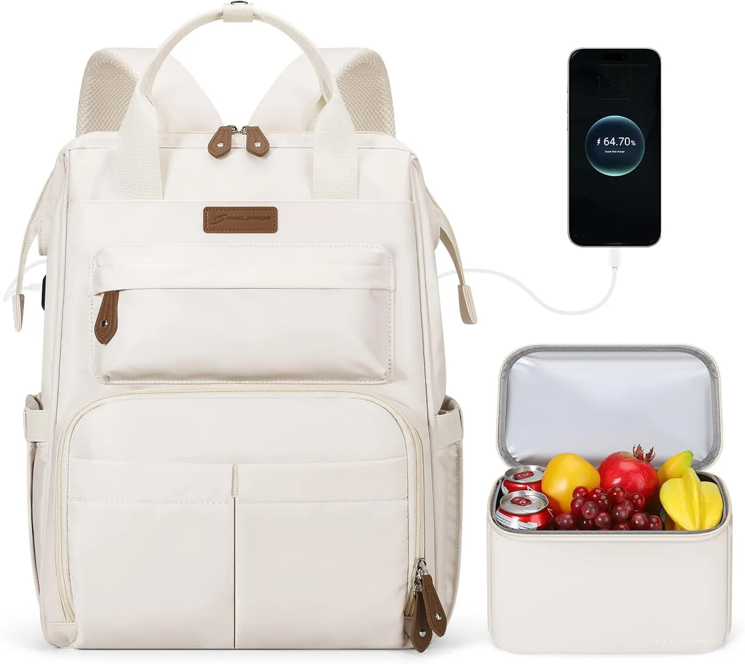 Maelstrom Travel Backpack for Women Men,Laptop Backpack Fits 15.6-17.3 Inch Laptop, Nurse/Teacher/Work Bag with Insulated Lunch Box,Water Resistant Carry On Backpack,Beige