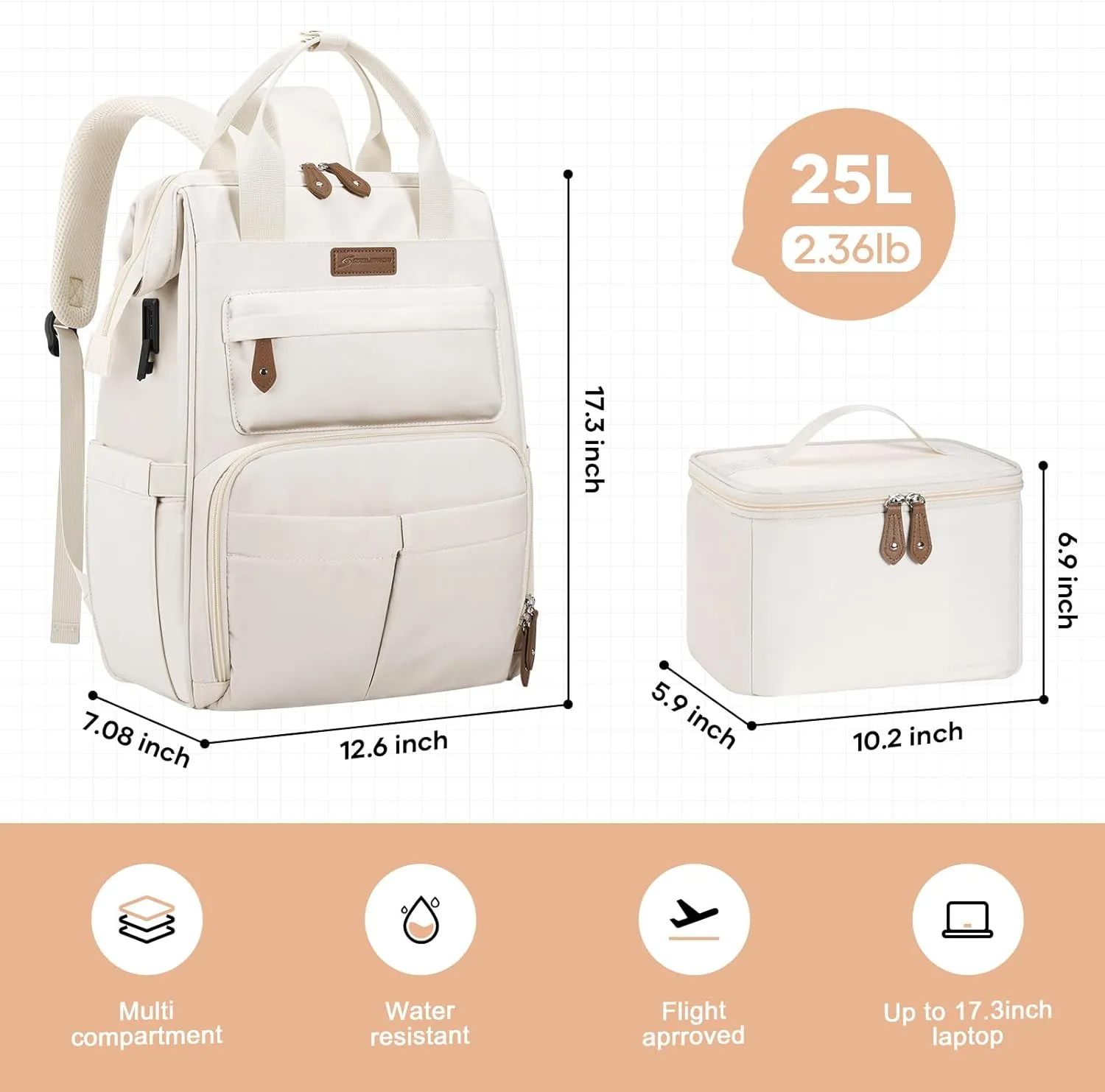 Maelstrom Travel Backpack for Women Men,Laptop Backpack Fits 15.6-17.3 Inch Laptop, Nurse/Teacher/Work Bag with Insulated Lunch Box,Water Resistant Carry On Backpack,Beige