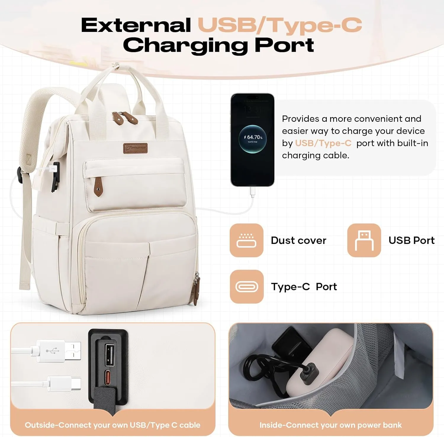 Maelstrom Travel Backpack for Women Men,Laptop Backpack Fits 15.6-17.3 Inch Laptop, Nurse/Teacher/Work Bag with Insulated Lunch Box,Water Resistant Carry On Backpack,Beige
