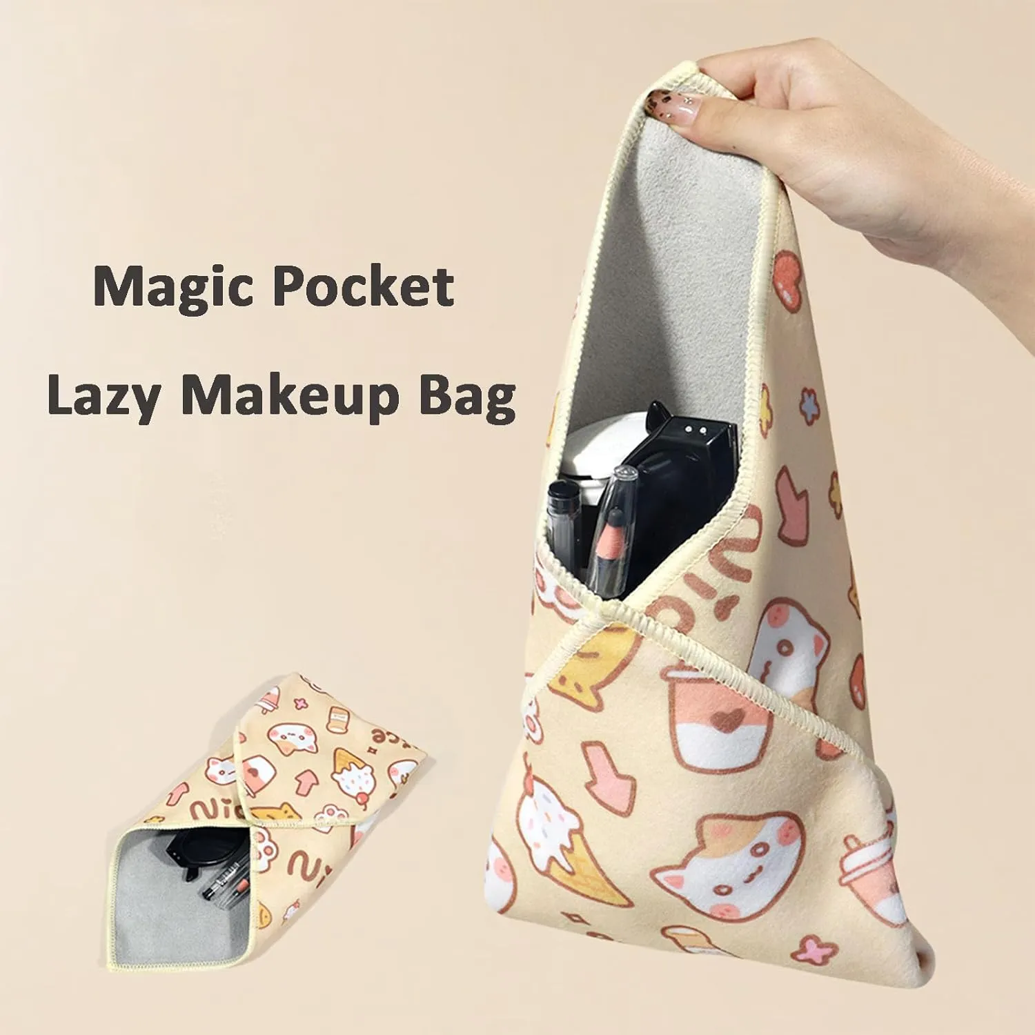 Magic Pocket Lazy Makeup Bag, Self-Adhesive Magic Cloth Makeup Bag, Portable Cosmetic Wrapping Cloth Organizer, Open Lay Flat Organizer, Camera Lens Protective Wrap (Cow)