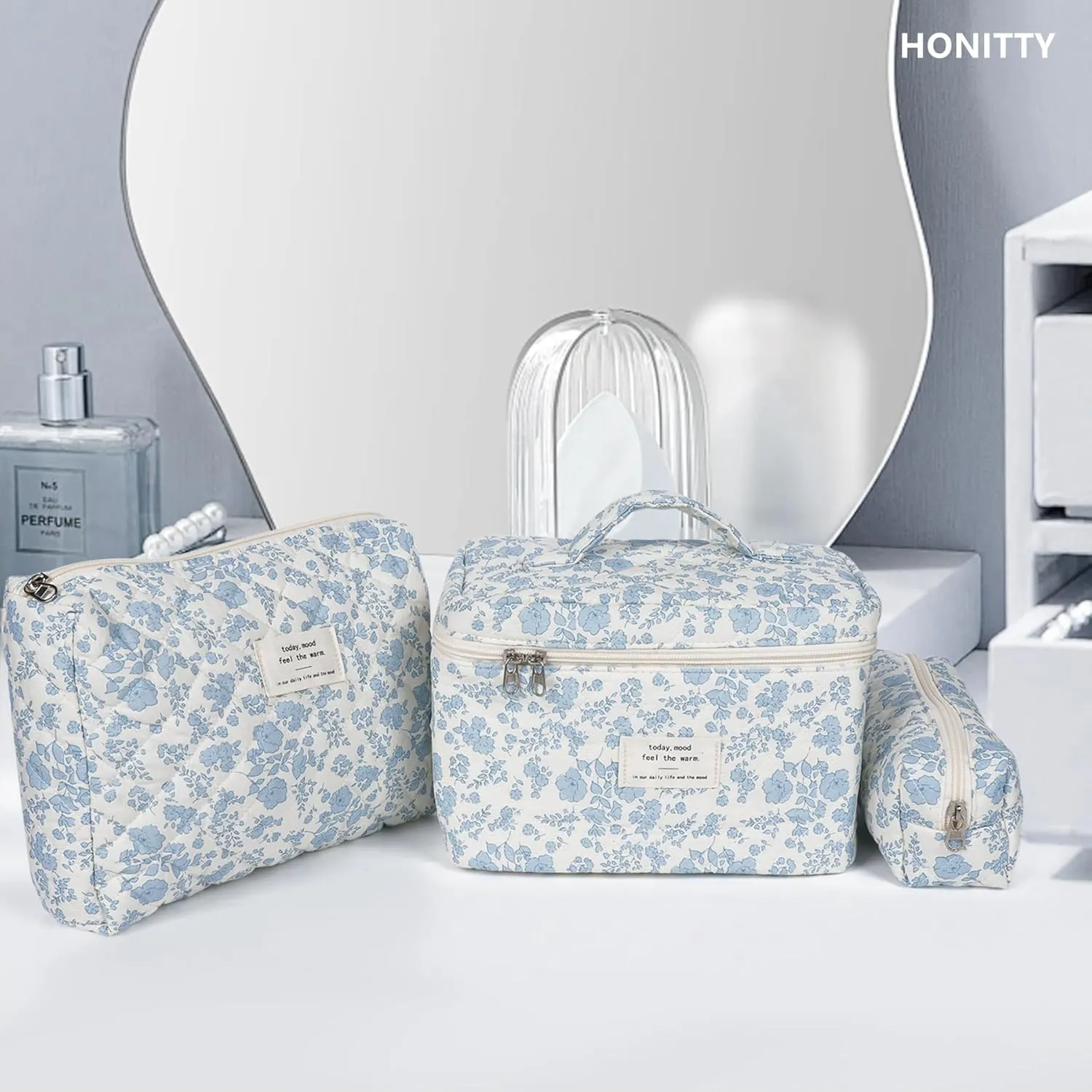 Makeup Bag,Quilted Cosmetic Bag,Large Floral Make Up Bag for Women,Cotton Makeup Bag Set,Flower Travel Toiletry Bag