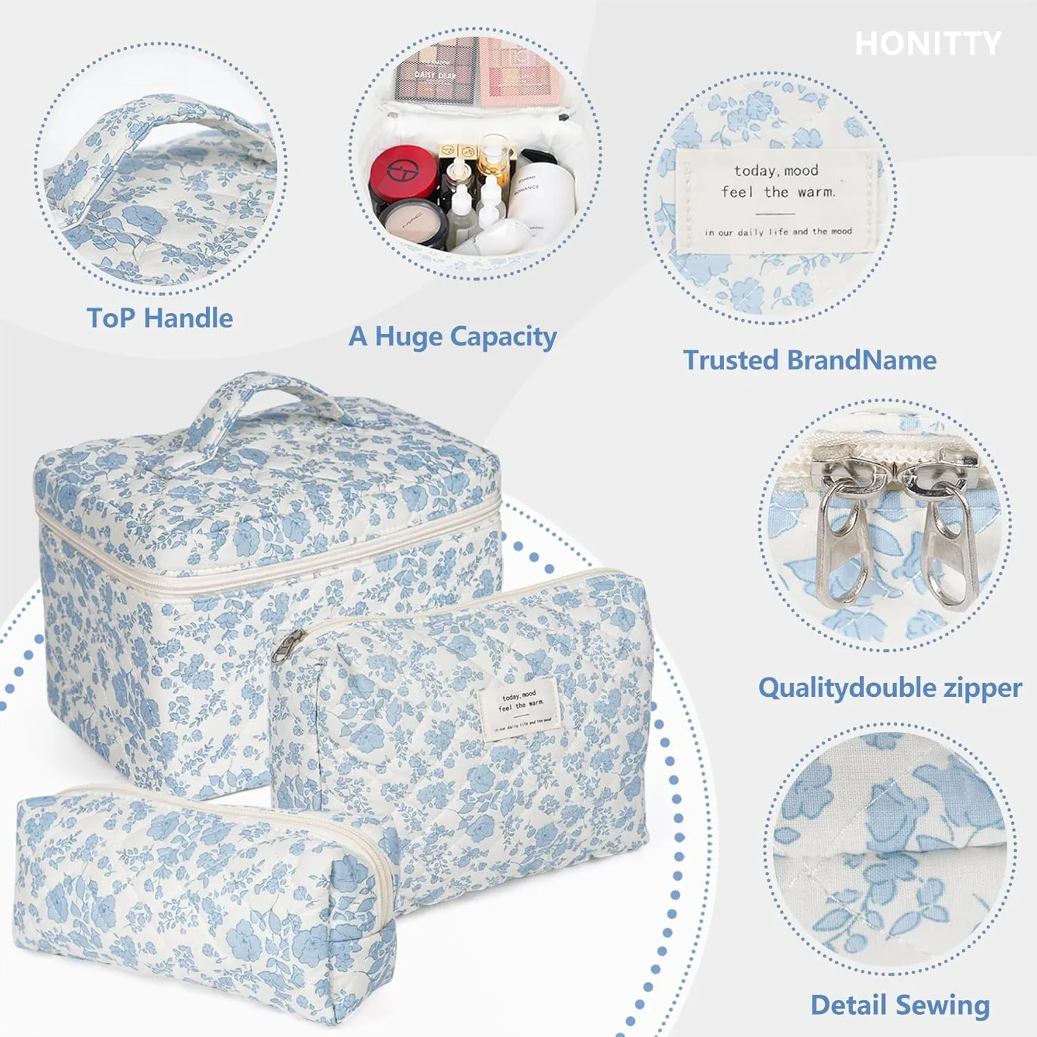 Makeup Bag,Quilted Cosmetic Bag,Large Floral Make Up Bag for Women,Cotton Makeup Bag Set,Flower Travel Toiletry Bag