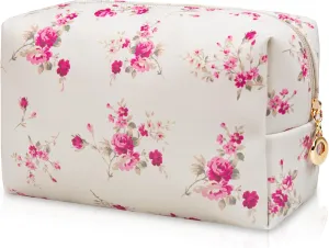 Makeup Bags for Women, Small Leather Cosmetic Bag for Purse, Floral Waterproof Make up Pouch Organizer, Zipper Portable Storage Travel Toiletry Bag Gifts(Rose Red Flower)