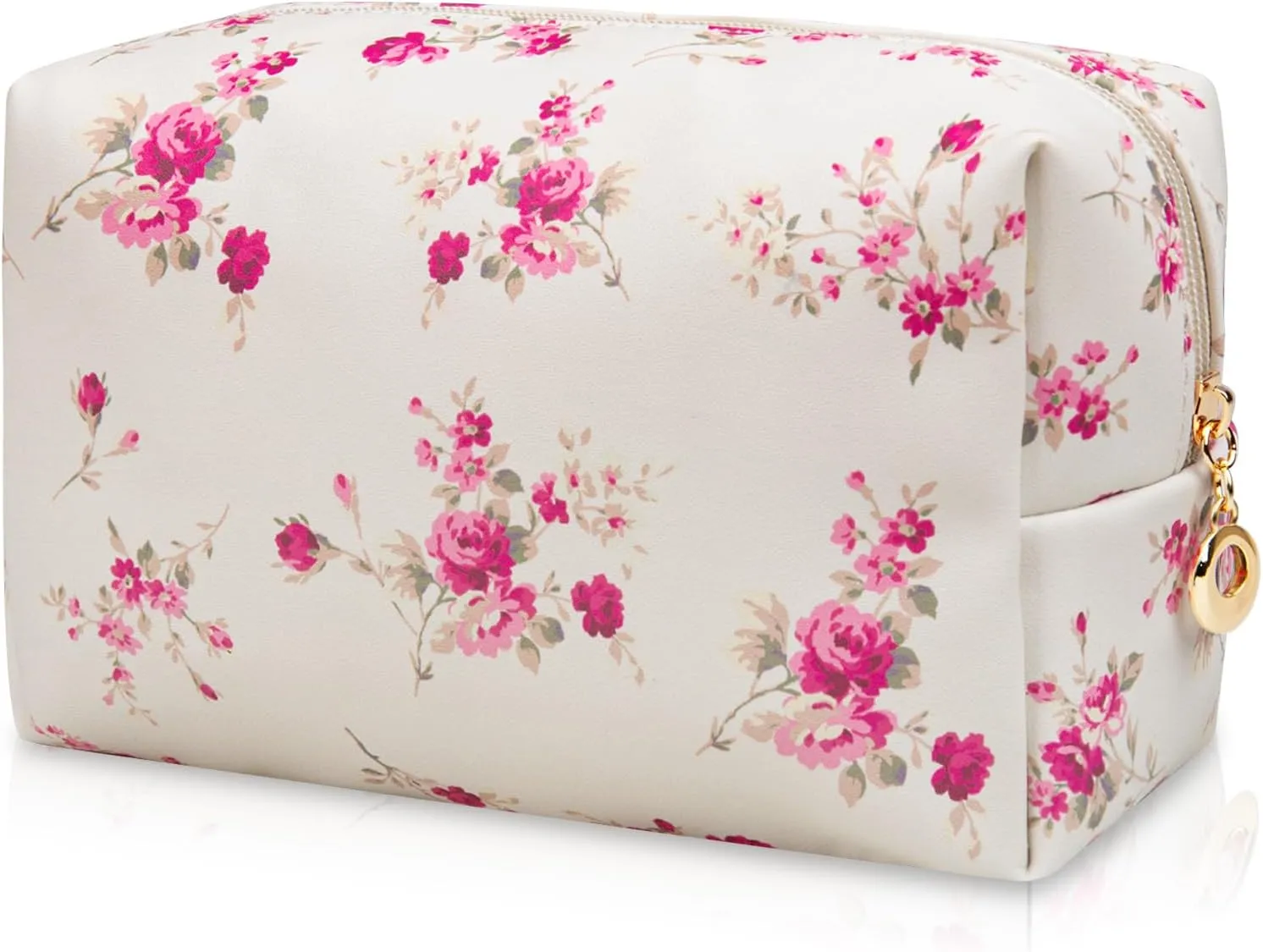 Makeup Bags for Women, Small Leather Cosmetic Bag for Purse, Floral Waterproof Make up Pouch Organizer, Zipper Portable Storage Travel Toiletry Bag Gifts(Rose Red Flower)