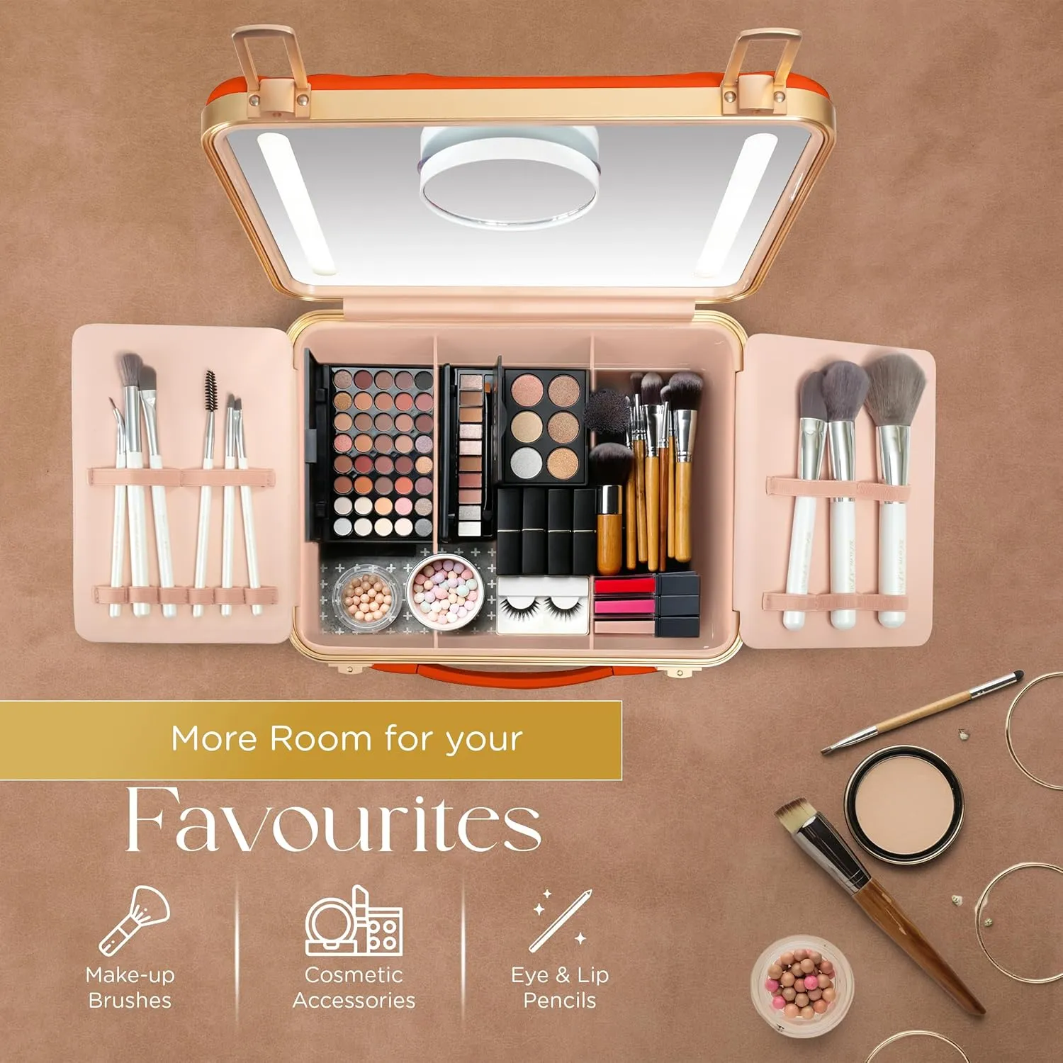 Makeup case with Light up Mirror Rechargeable with smart storage, Three light mode Mirror (Acrylonitrile Butadiene Styrene, Orange)
