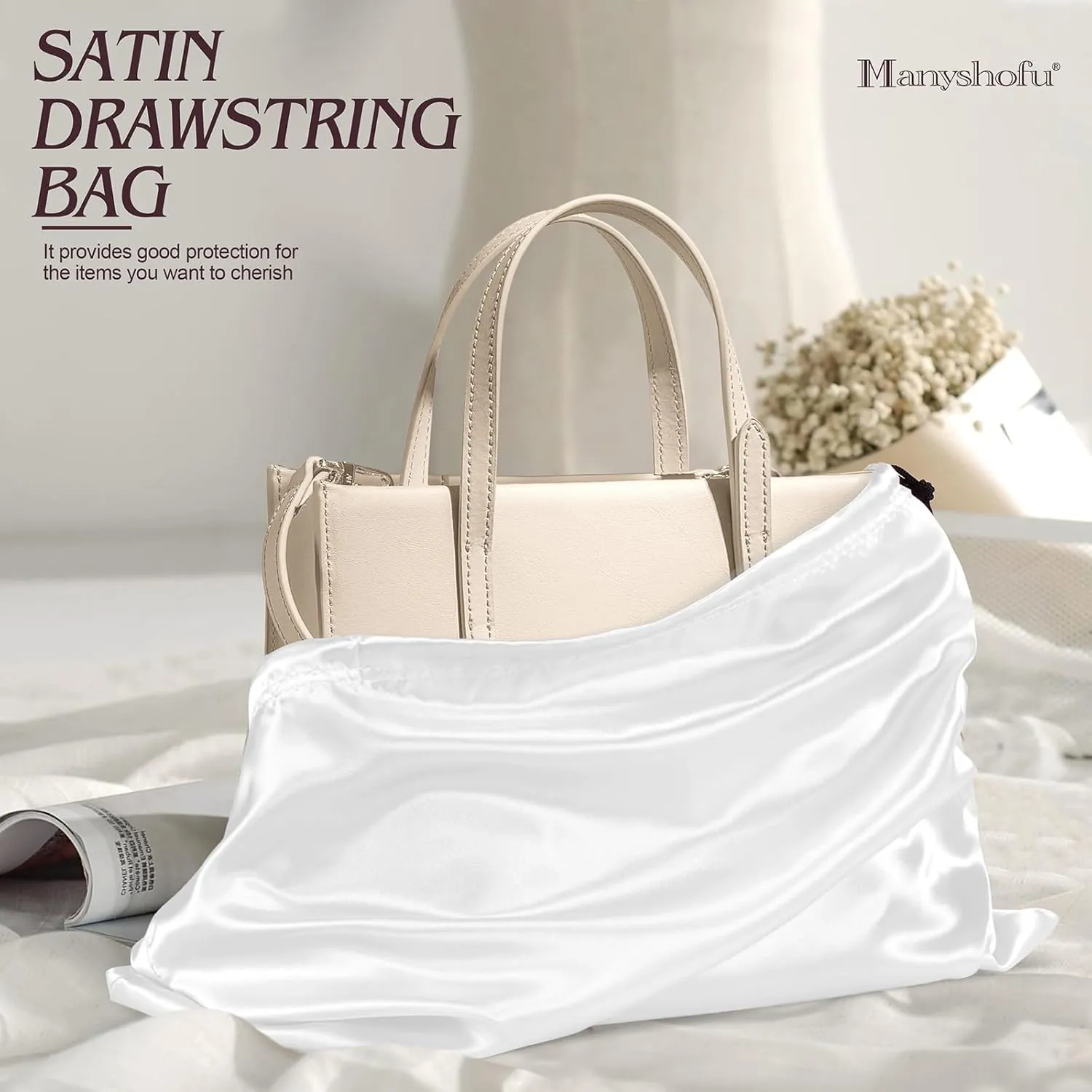 Manyshofu 7 Pack Satin Dust Bags for Handbags & Shoes - White Drawstring Bags, Silk Dust Cover, Protector Travel Storage Pouch (19.6 x 15.7)