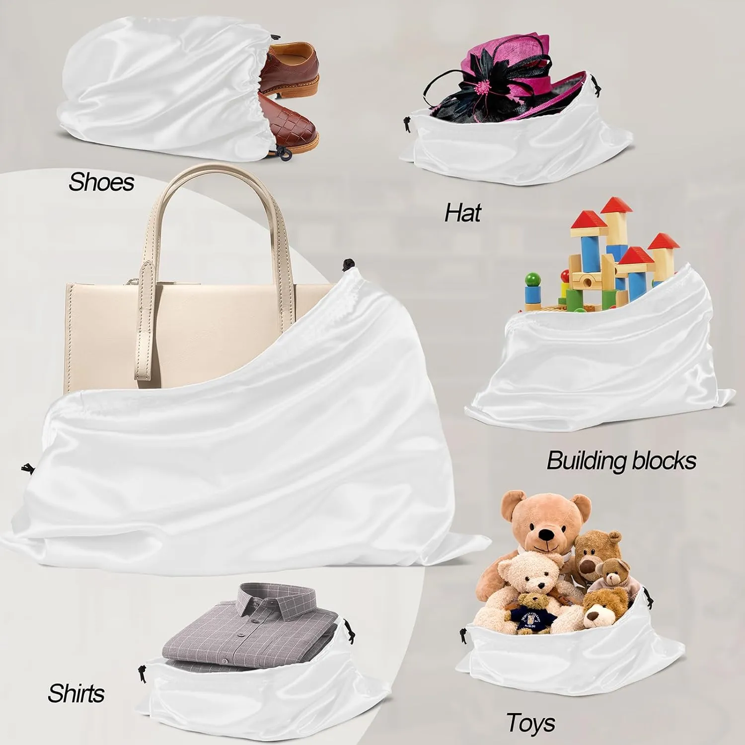 Manyshofu 7 Pack Satin Dust Bags for Handbags & Shoes - White Drawstring Bags, Silk Dust Cover, Protector Travel Storage Pouch (19.6 x 15.7)
