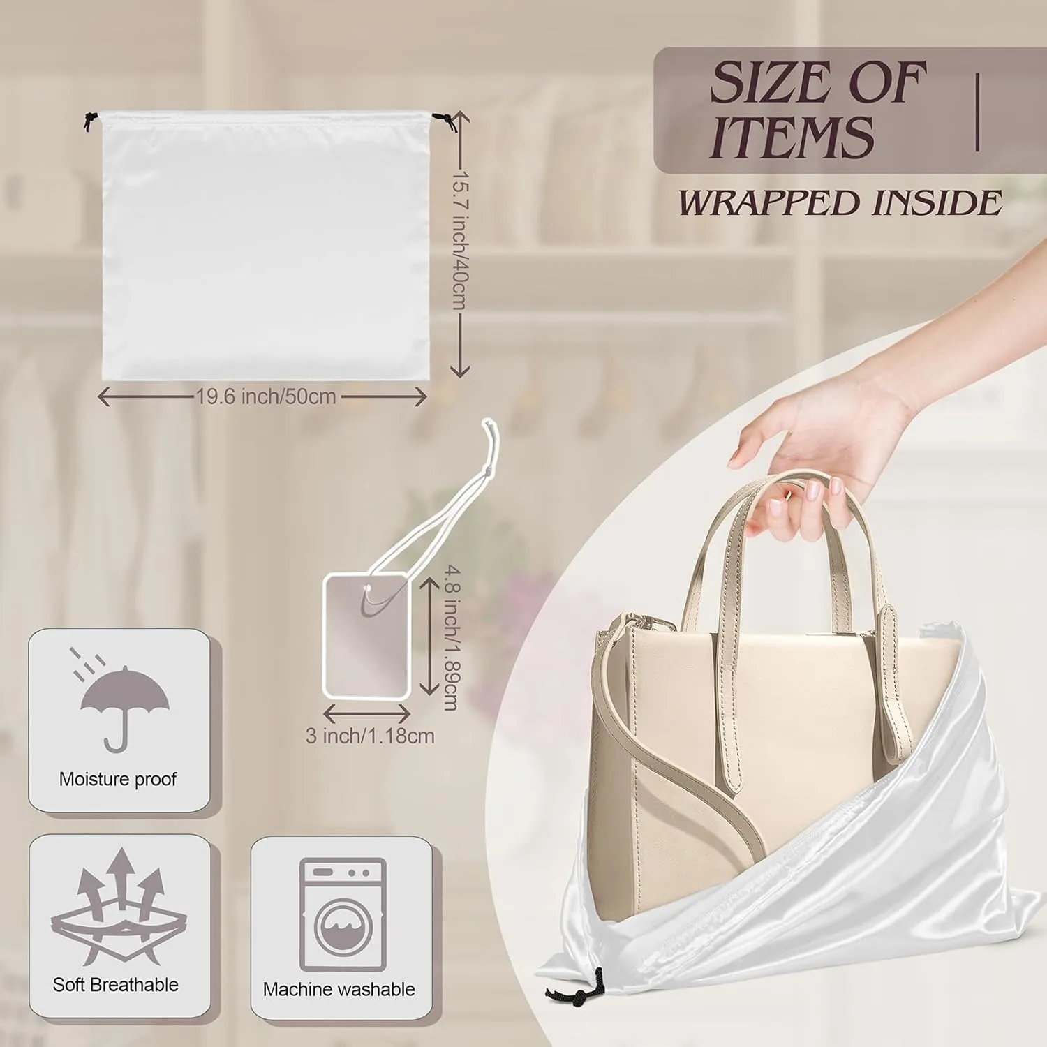 Manyshofu 7 Pack Satin Dust Bags for Handbags & Shoes - White Drawstring Bags, Silk Dust Cover, Protector Travel Storage Pouch (19.6 x 15.7)