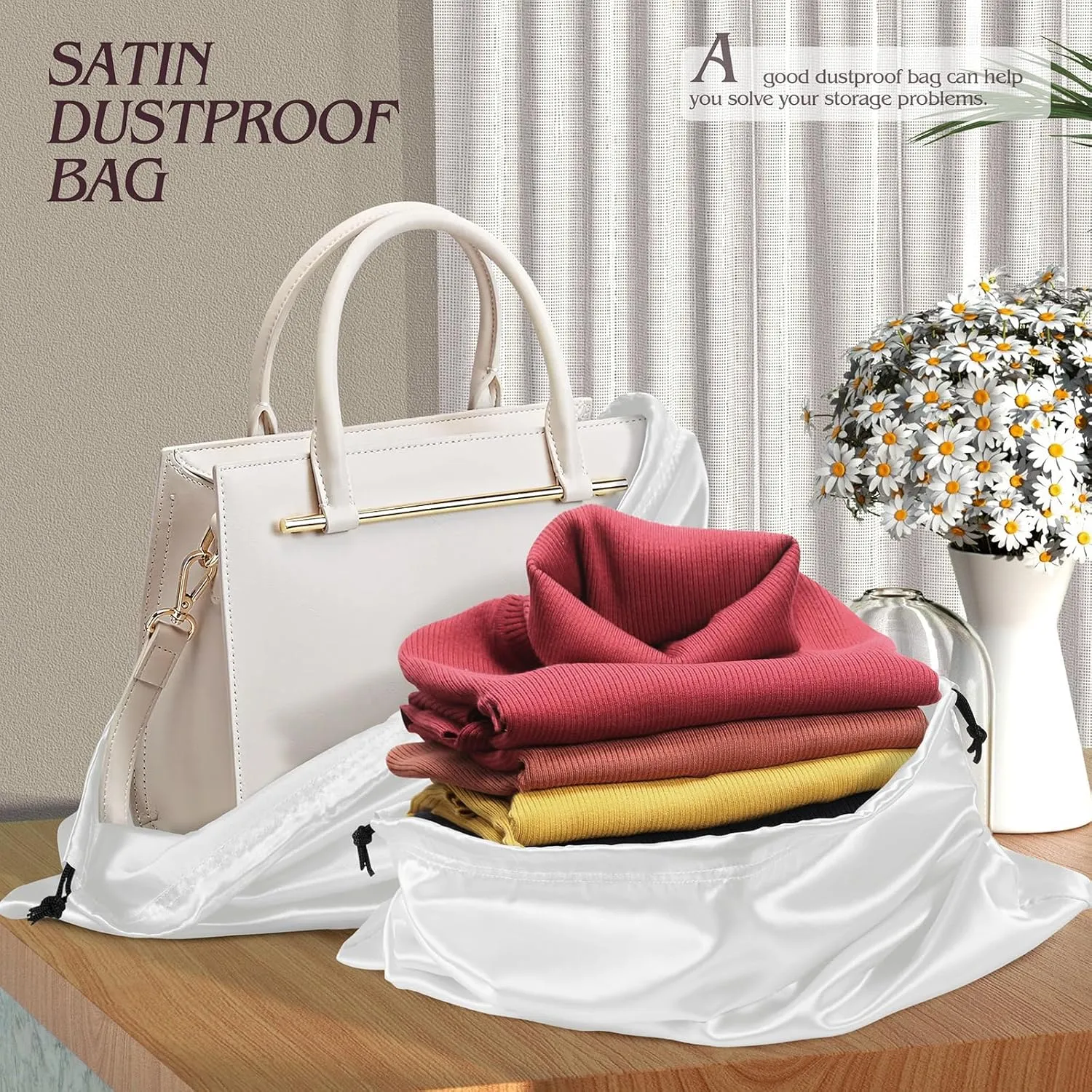 Manyshofu 7 Pack Satin Dust Bags for Handbags & Shoes - White Drawstring Bags, Silk Dust Cover, Protector Travel Storage Pouch (19.6 x 15.7)