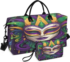 Mardi Carnival Black Travel Duffle Bag Quilt Gym Bag Carry On Bag Weekender Bags Overnight Bag with Make Up Bag for Women Ladies Trip Airplane Travel Essentials Gifts