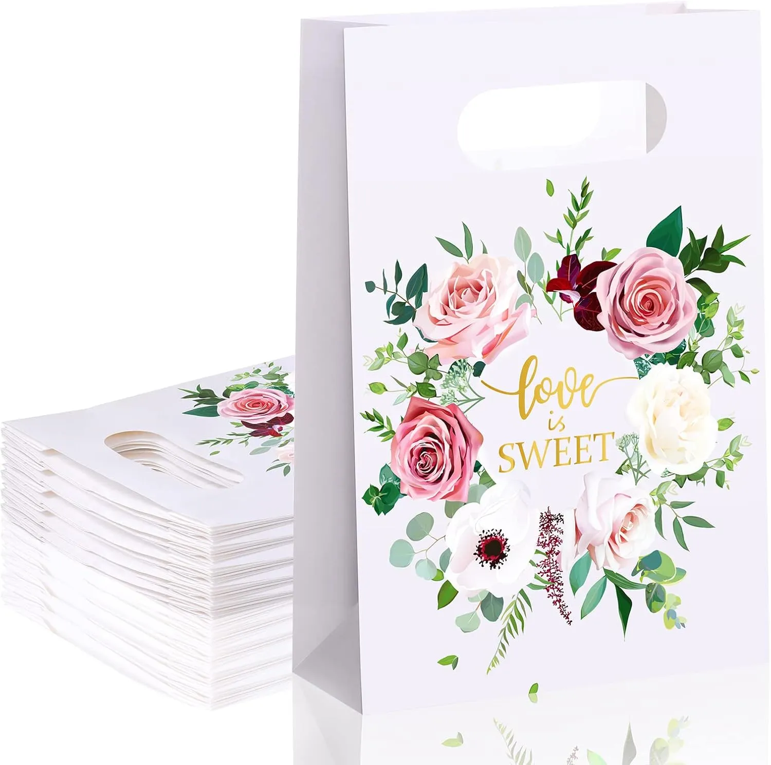 Marspark 60 Pcs Love Is Sweet Bags Wedding Favor Bags Dessert Candy Cooike Treat Bags Wedding Guest Gift Kraft Paper Bags for Bridal Shower Party Supplies