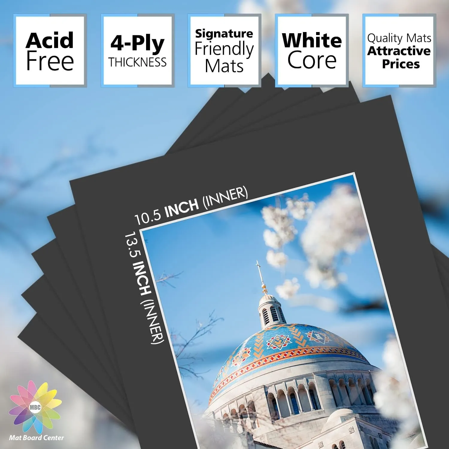 Mat Board Center, Pack of 5 Bevel Cut 16x20 Black Mat for 11x14 Photo with White Core Matte Set, Includes 5 Acid Free Mats, 5 Backing Board and 5 Clear Bags
