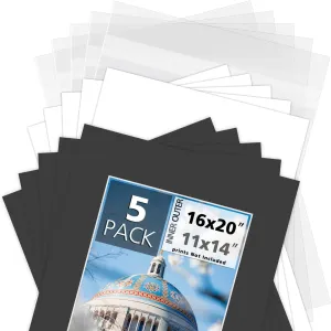 Mat Board Center, Pack of 5 Bevel Cut 16x20 Black Mat for 11x14 Photo with White Core Matte Set, Includes 5 Acid Free Mats, 5 Backing Board and 5 Clear Bags