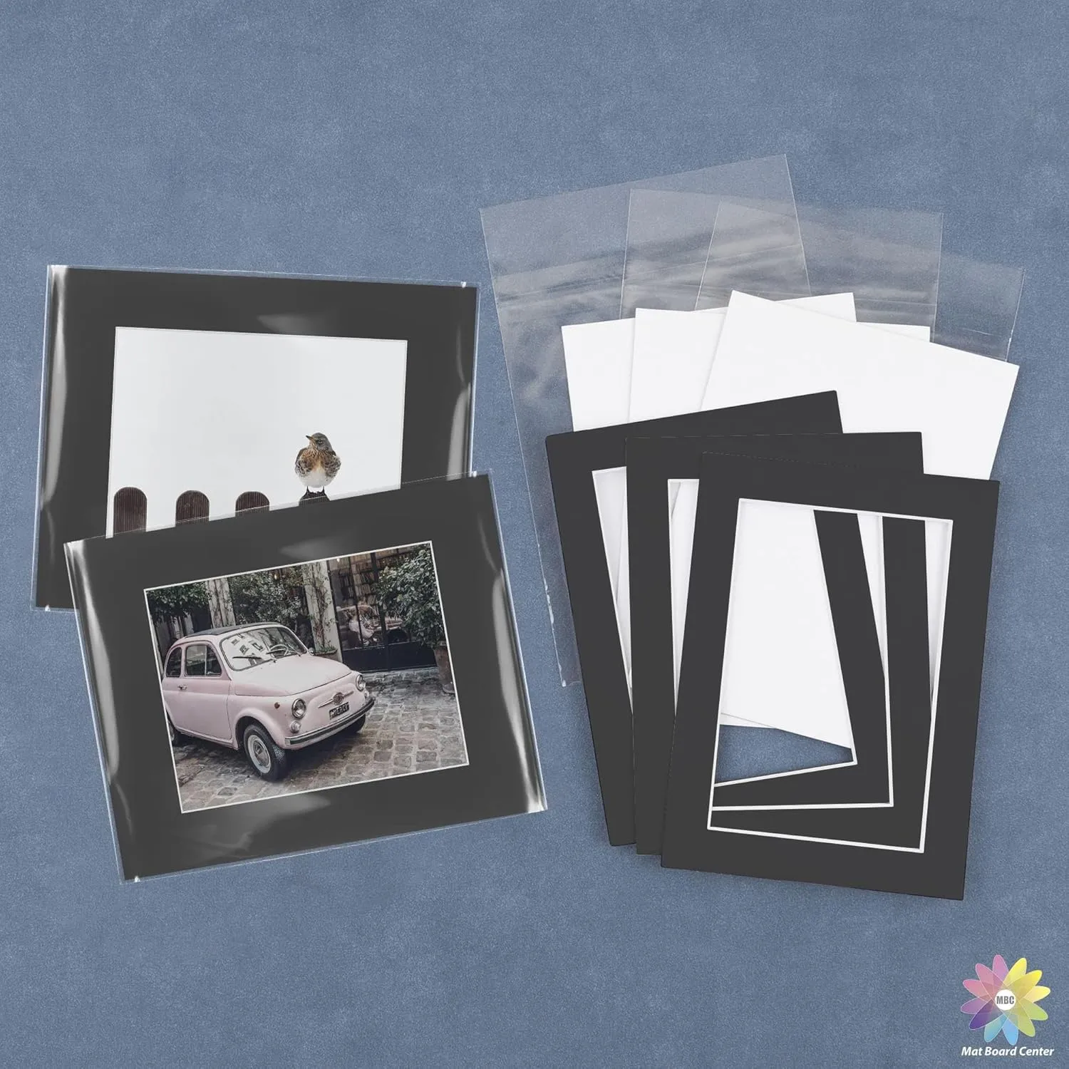 Mat Board Center, Pack of 5 Bevel Cut 16x20 Black Mat for 11x14 Photo with White Core Matte Set, Includes 5 Acid Free Mats, 5 Backing Board and 5 Clear Bags