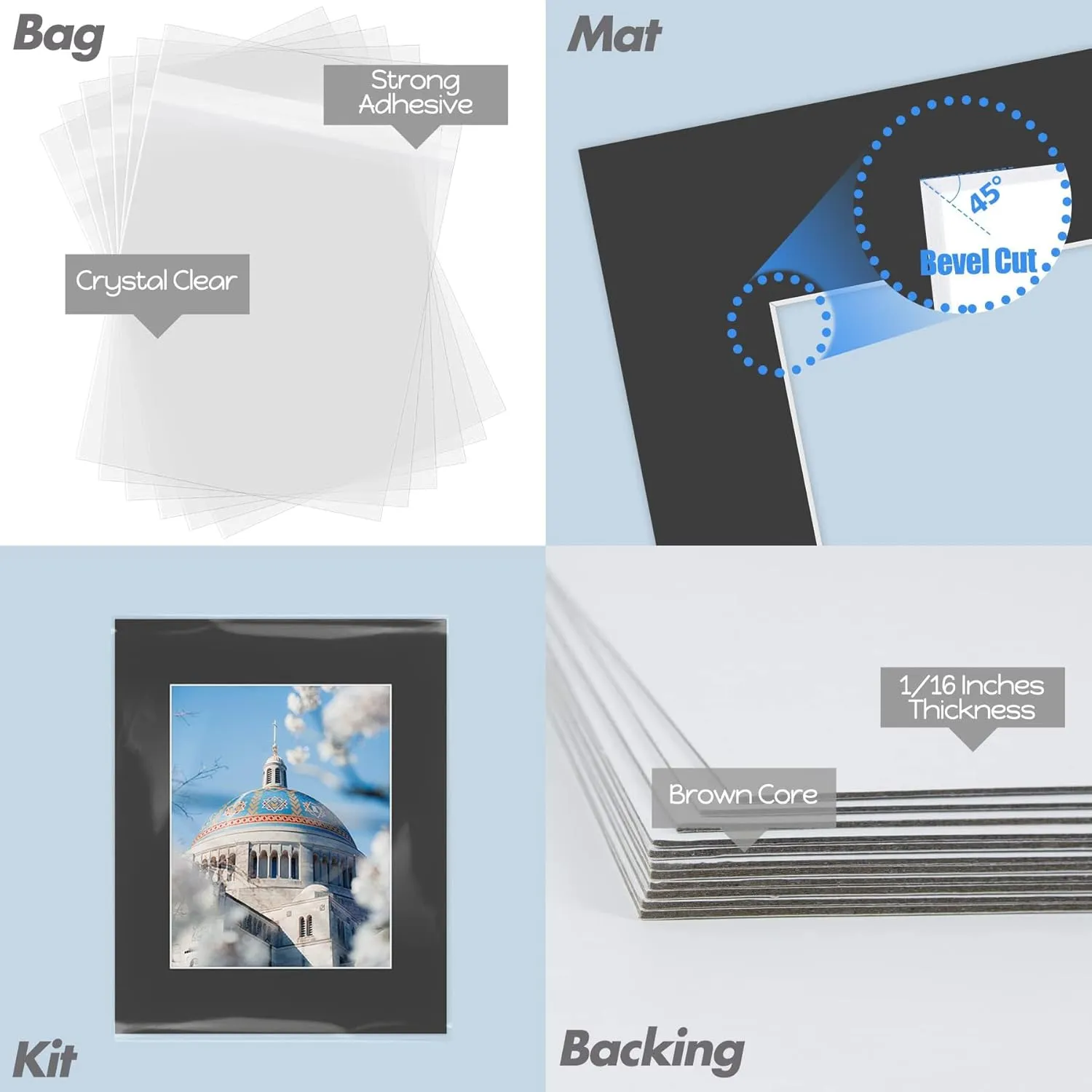Mat Board Center, Pack of 5 Bevel Cut 16x20 Black Mat for 11x14 Photo with White Core Matte Set, Includes 5 Acid Free Mats, 5 Backing Board and 5 Clear Bags
