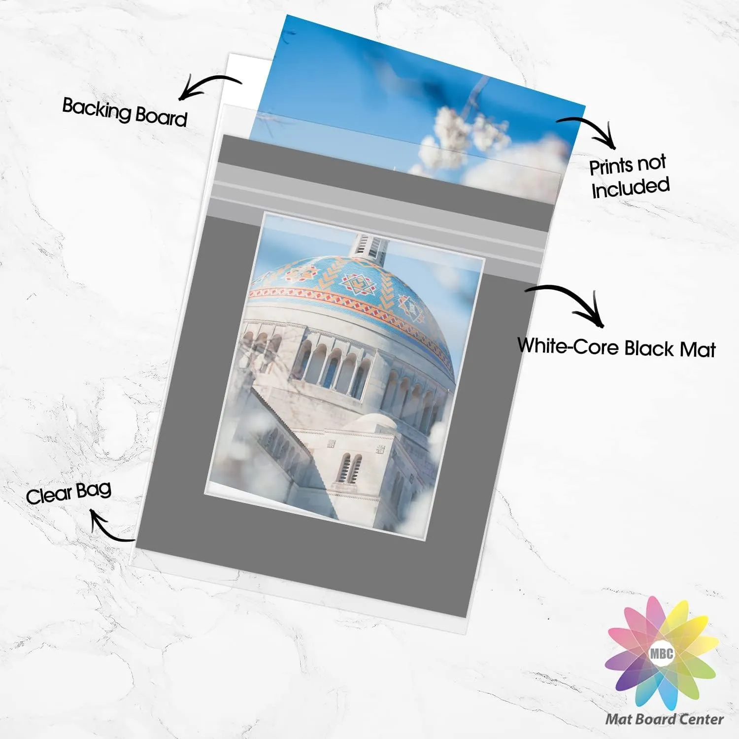 Mat Board Center, Pack of 5 Bevel Cut 16x20 Black Mat for 11x14 Photo with White Core Matte Set, Includes 5 Acid Free Mats, 5 Backing Board and 5 Clear Bags