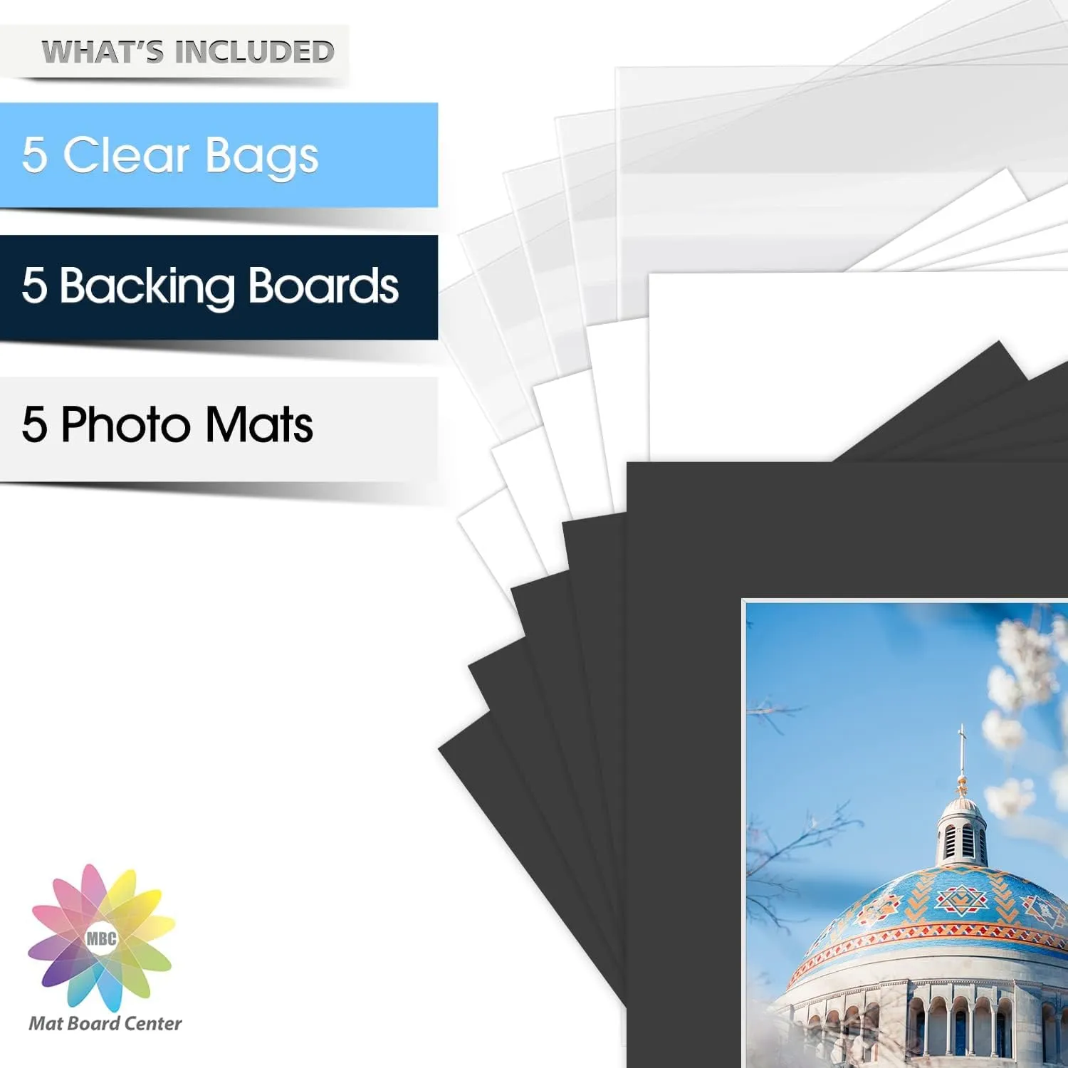 Mat Board Center, Pack of 5 Bevel Cut 16x20 Black Mat for 11x14 Photo with White Core Matte Set, Includes 5 Acid Free Mats, 5 Backing Board and 5 Clear Bags