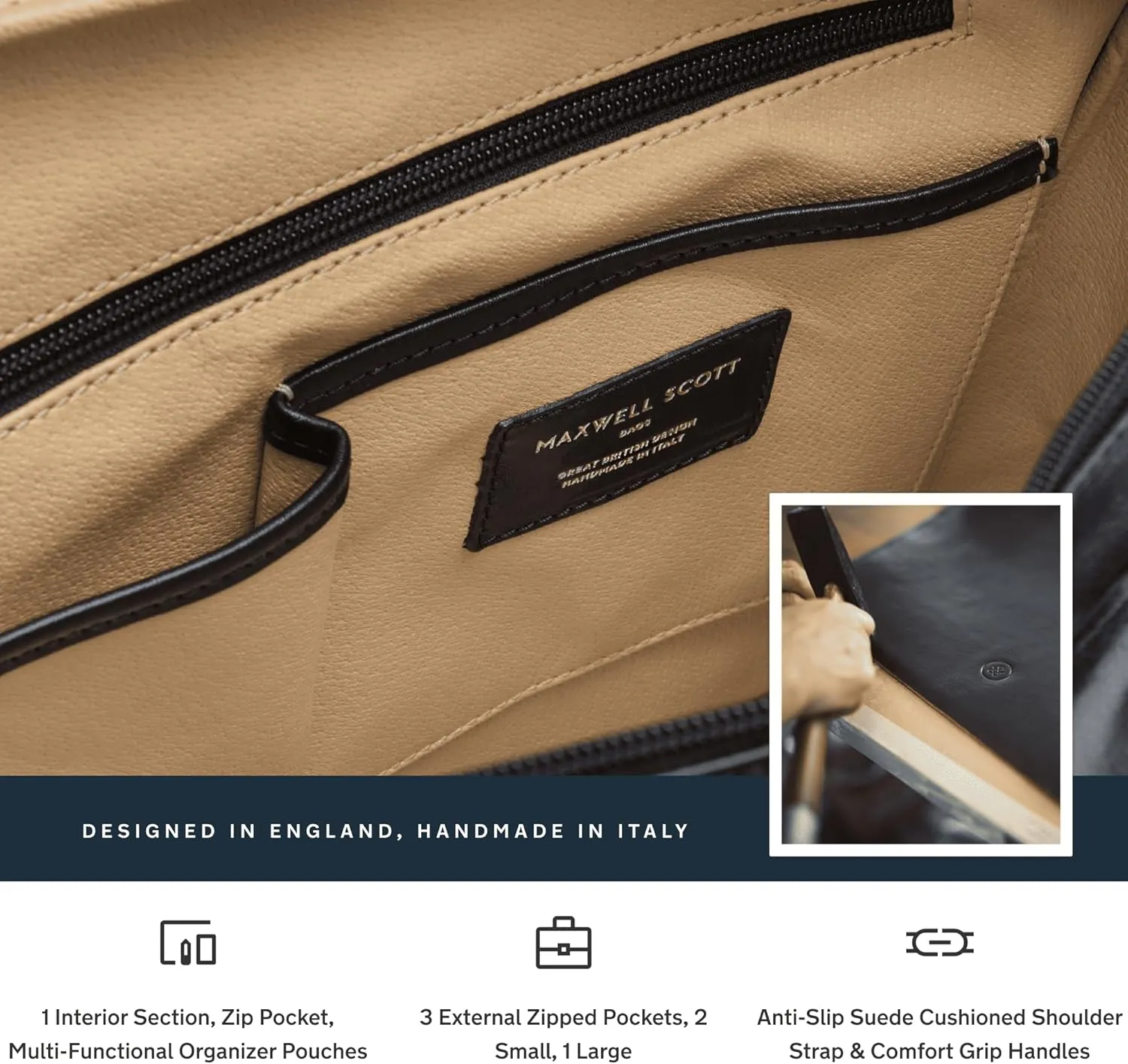 Maxwell Scott - Mens Luxury Light Leather Business Briefcase and Padded Shoulder Strap - Made in Italy - The Lagaro