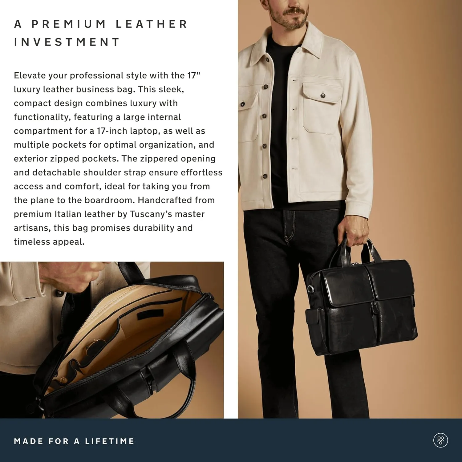 Maxwell Scott - Mens Luxury Light Leather Business Briefcase and Padded Shoulder Strap - Made in Italy - The Lagaro