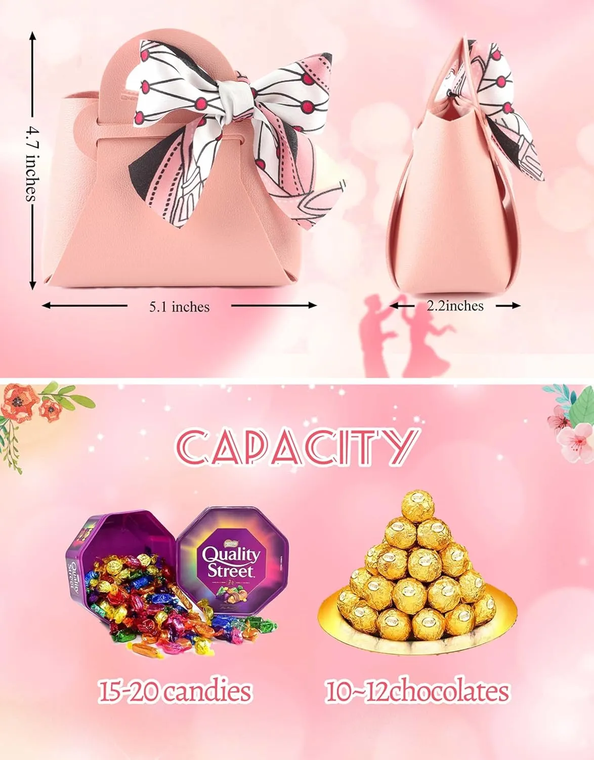 MEIKLE 12 Pack PU Leather Ribbon Candy Gift Bags Wedding Candy Box Birthday Party Favor Bags for Baby Showers Christmas Halloween (Pink,12pcs)