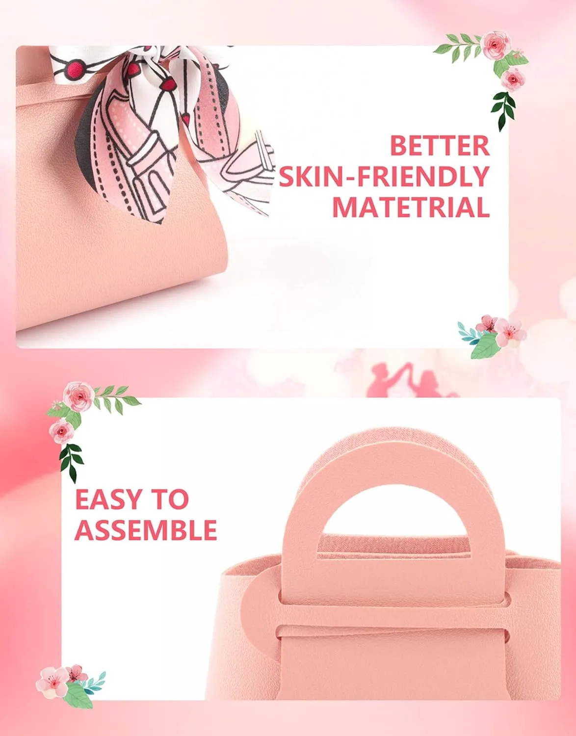 MEIKLE 12 Pack PU Leather Ribbon Candy Gift Bags Wedding Candy Box Birthday Party Favor Bags for Baby Showers Christmas Halloween (Pink,12pcs)