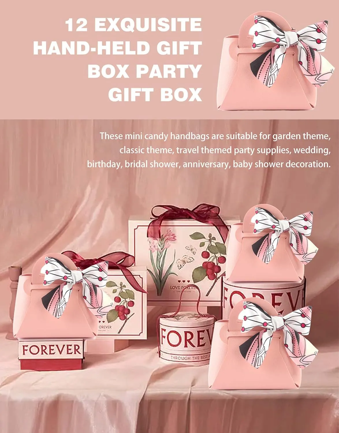 MEIKLE 12 Pack PU Leather Ribbon Candy Gift Bags Wedding Candy Box Birthday Party Favor Bags for Baby Showers Christmas Halloween (Pink,12pcs)
