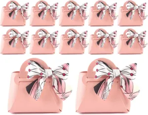 MEIKLE 12 Pack PU Leather Ribbon Candy Gift Bags Wedding Candy Box Birthday Party Favor Bags for Baby Showers Christmas Halloween (Pink,12pcs)