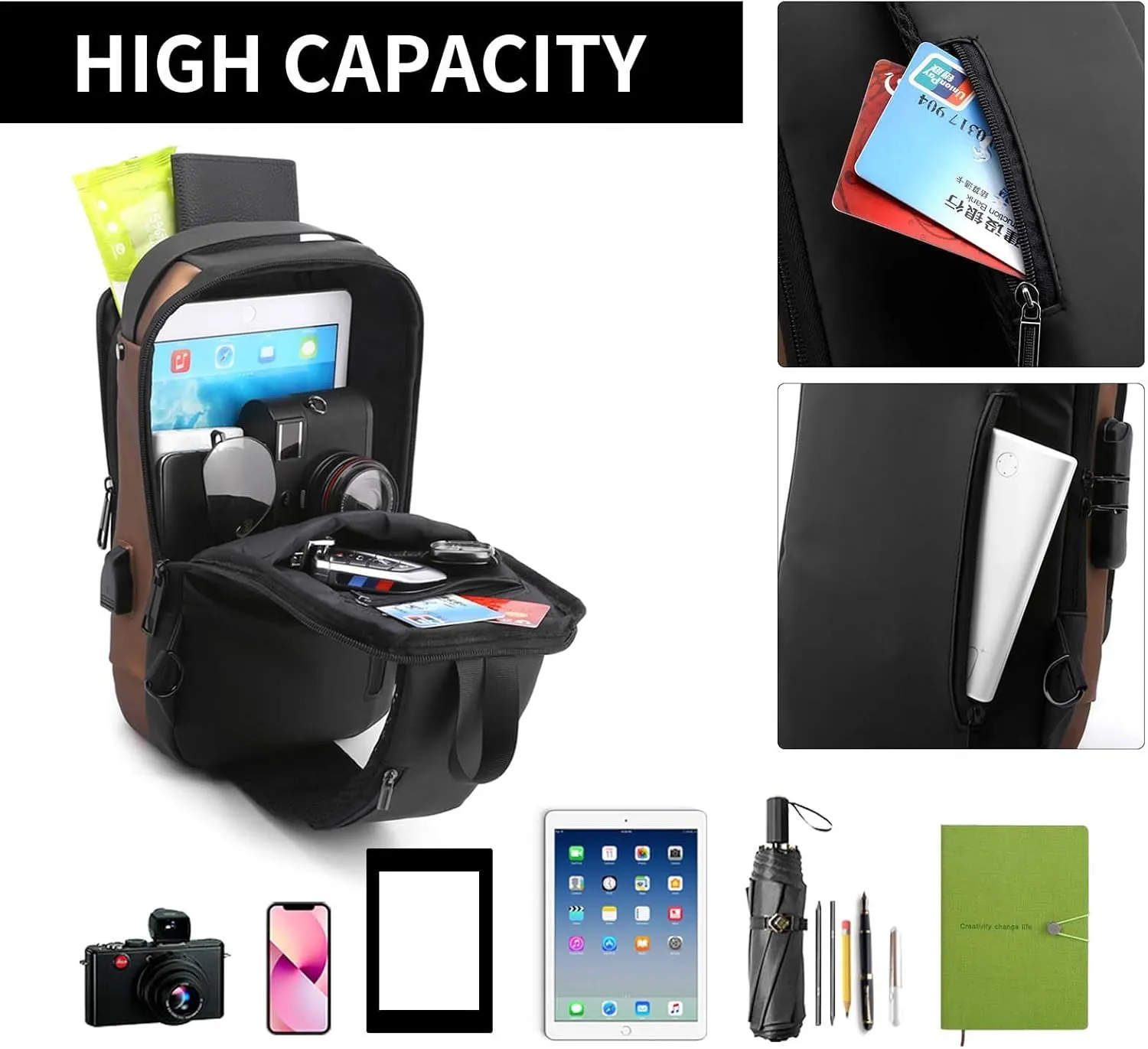 Men's and Women's Anti theft crossbody bag, Sling Bag USB Chest Bag, Shoulder bags crossbody