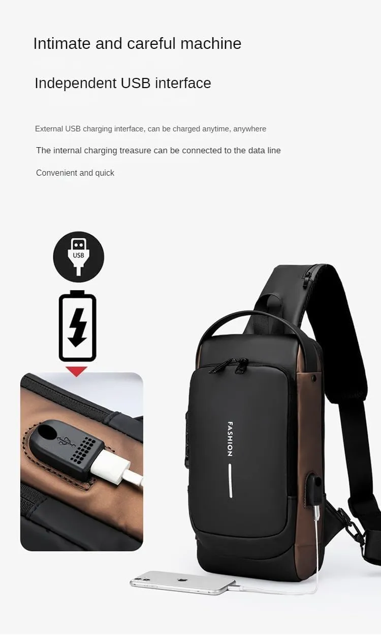 Men's Chest Bag, Shoulder bags,Crossbody Sling Backpack, Coded lock, USB port, Water proof. (blue with brown)