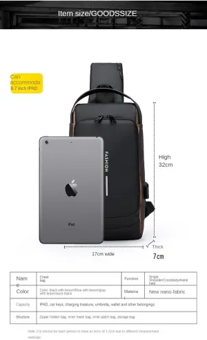 Men's Chest Bag, Shoulder bags,Crossbody Sling Backpack, Coded lock, USB port, Water proof. (blue with brown)