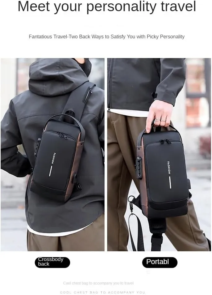 Men's Chest Bag, Shoulder bags,Crossbody Sling Backpack, Coded lock, USB port, Water proof. (blue with brown)