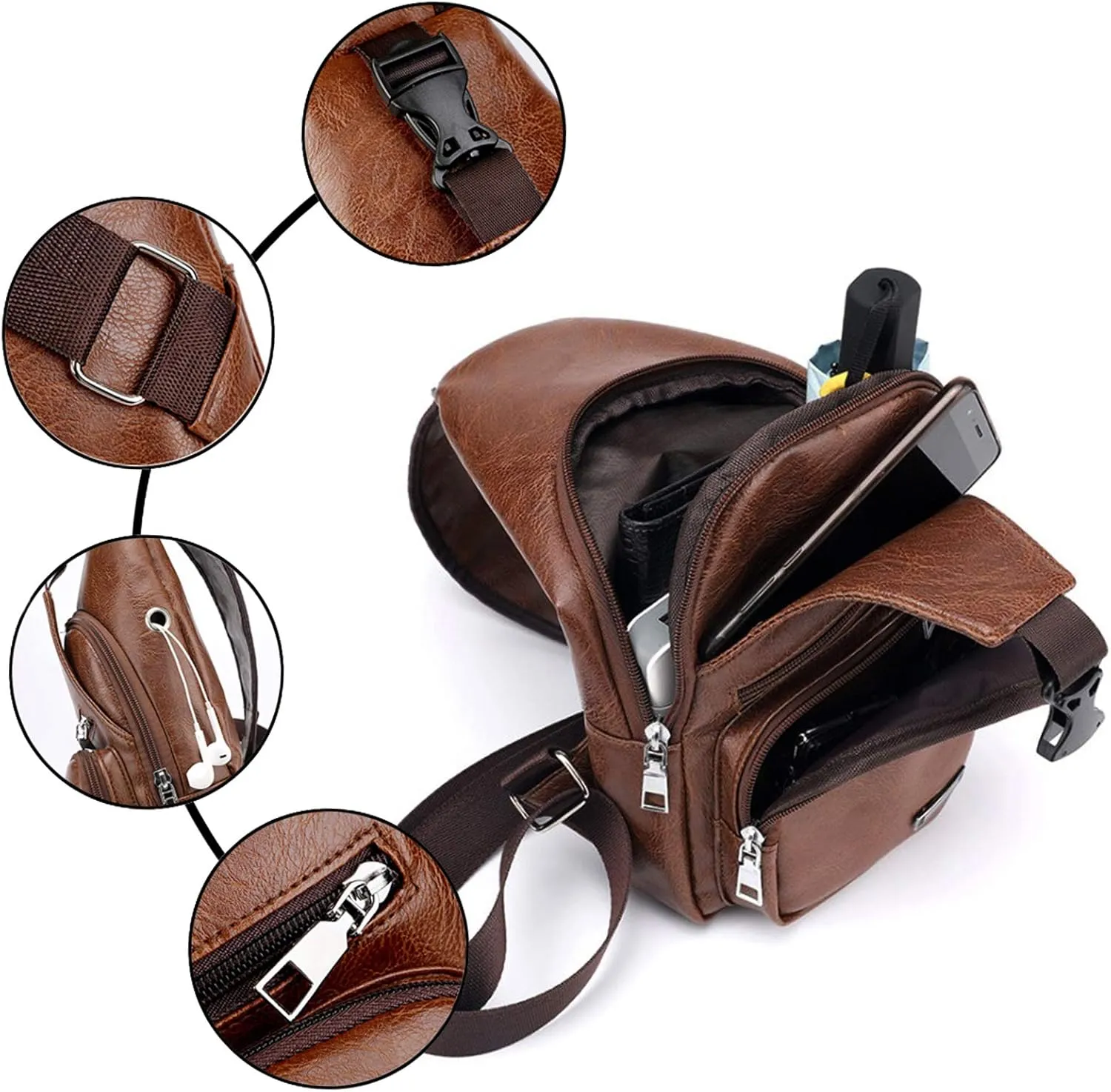 Men's Sling Bag, Business Leather Shoulder Backpacks Campus Travel Crossbody Bag with USB Charging Port
